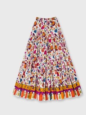 LA DoubleJ White Tiered Maxi Skirt with Multicolor Floral Print